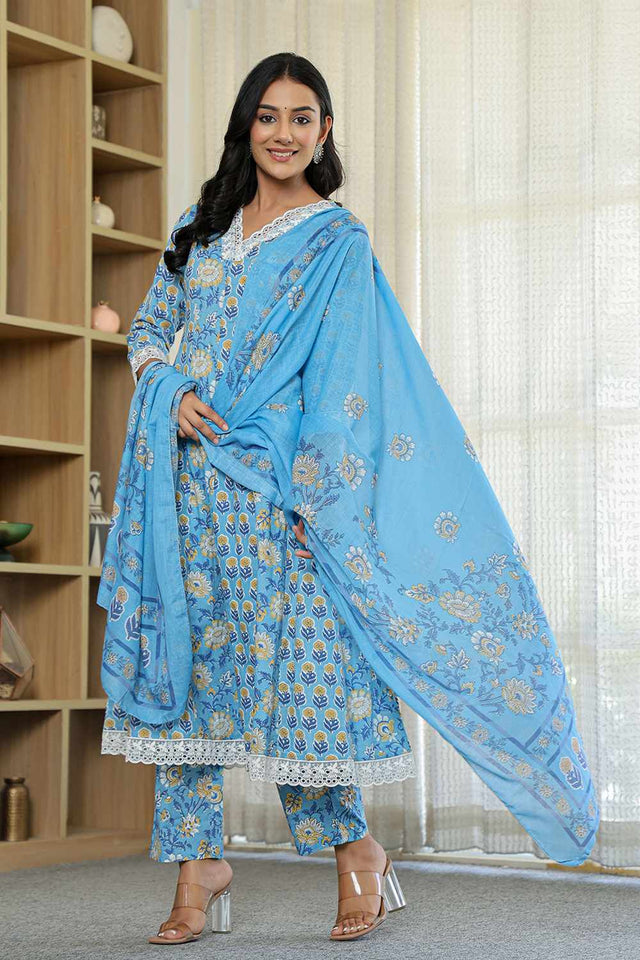 Blue Floral Print Cotton Kurti Pant Set