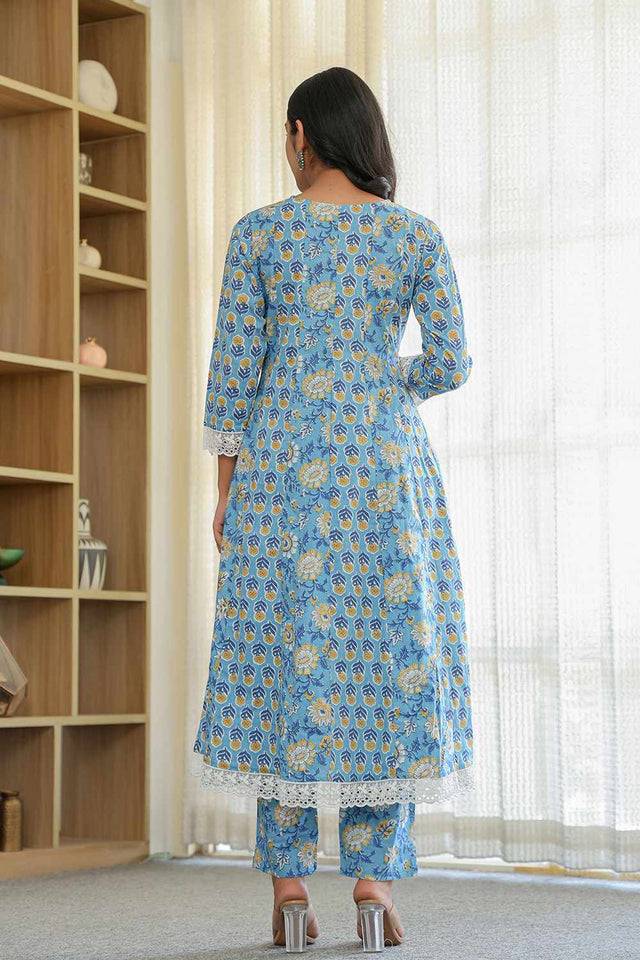 Blue Floral Print Cotton Kurti Pant Set
