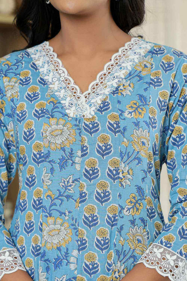 Blue Floral Print Cotton Kurti Pant Set