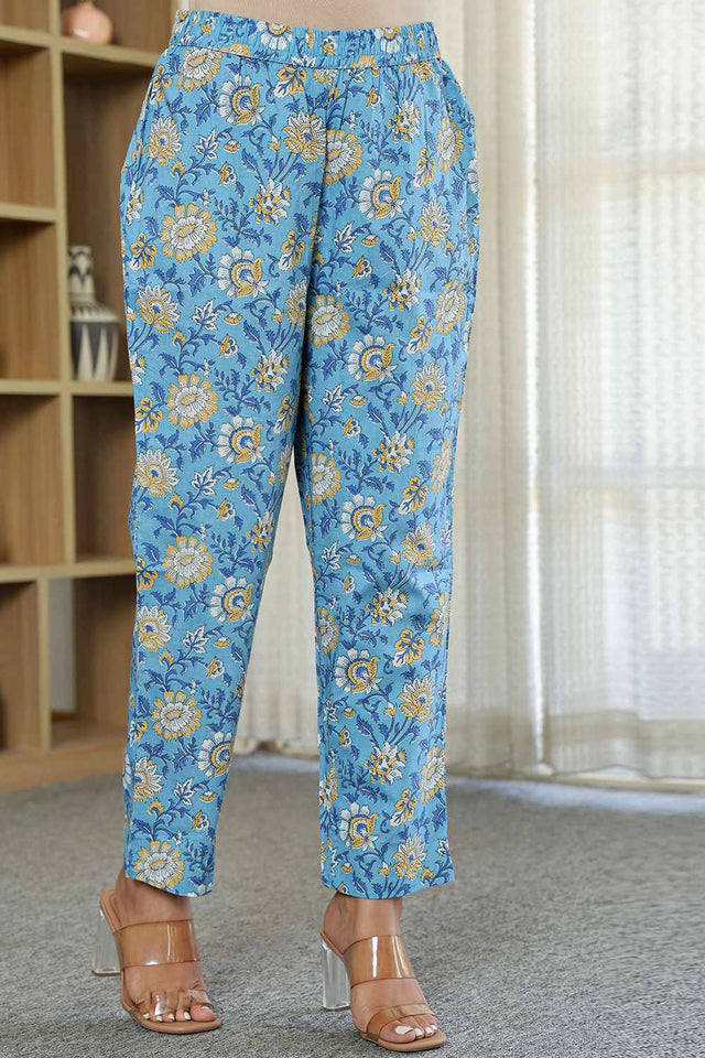 Blue Floral Print Cotton Kurti Pant Set