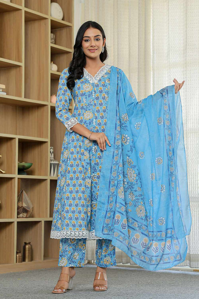 Blue Floral Print Cotton Kurti Pant Set