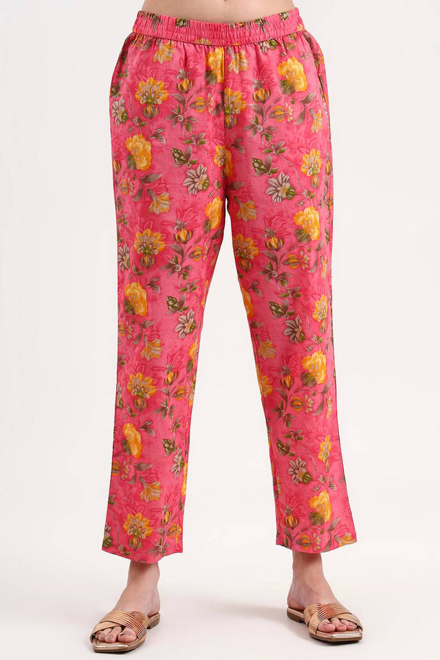 Pink Floral Printed Cotton Anarkali Suit Set