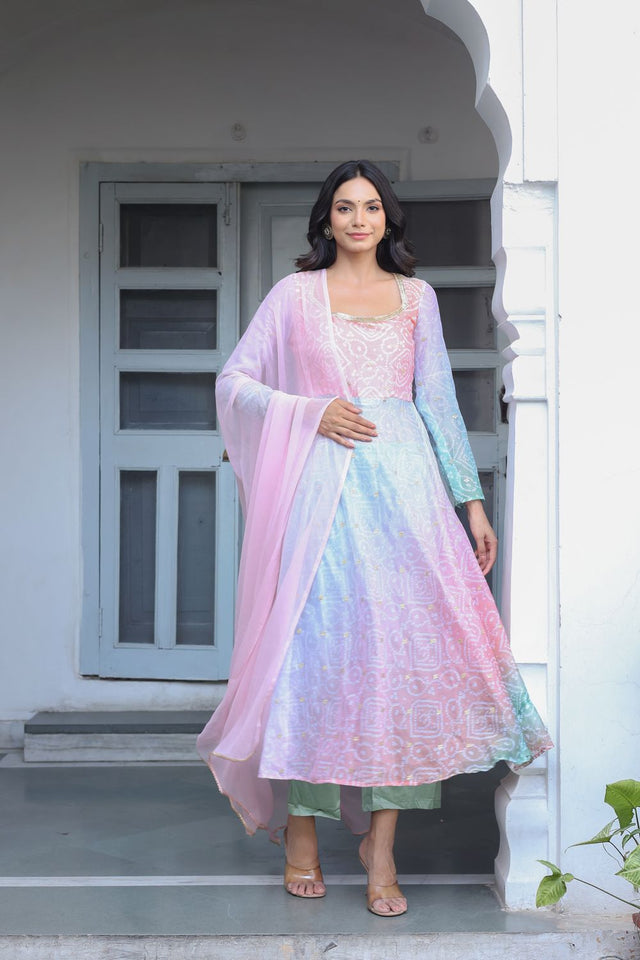 Multi Color Bandhani Printed Georgette Kurti Pant Set (107Bandej)