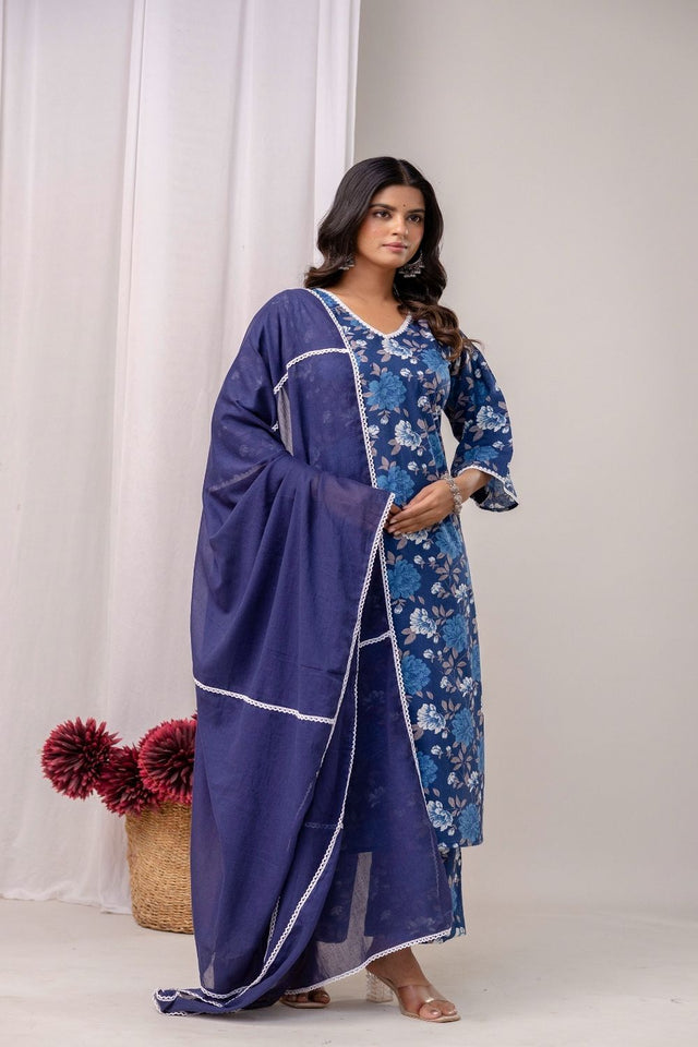 Blue Floral Printed Cotton Kurti Pant Set (108CottonBlue)