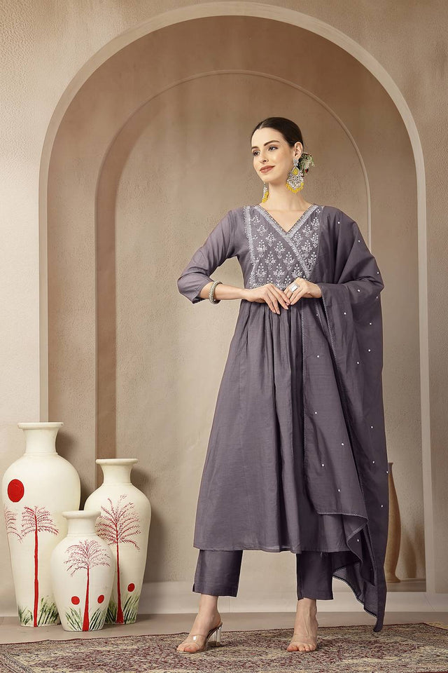 Violet Embroidered Silk Anarkali Suit Set