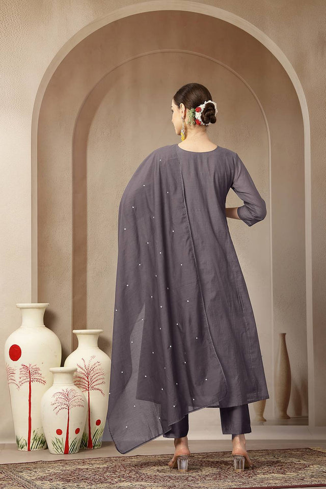 Violet Embroidered Silk Anarkali Suit Set