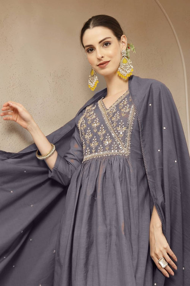 Violet Embroidered Silk Anarkali Suit Set