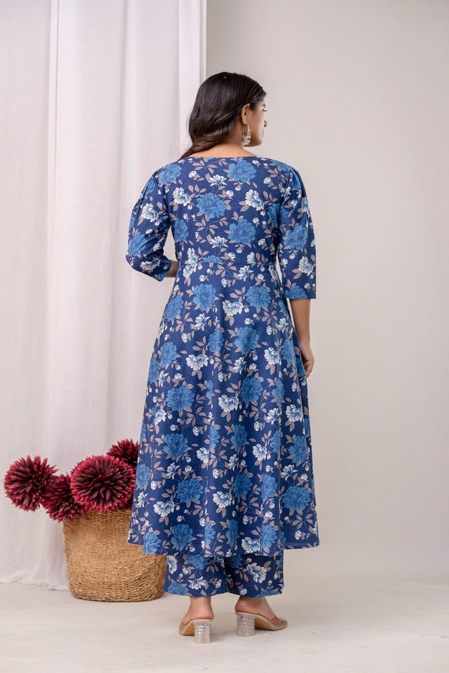 Blue Floral Printed Cotton Kurti Pant Set (109CottonFlare)