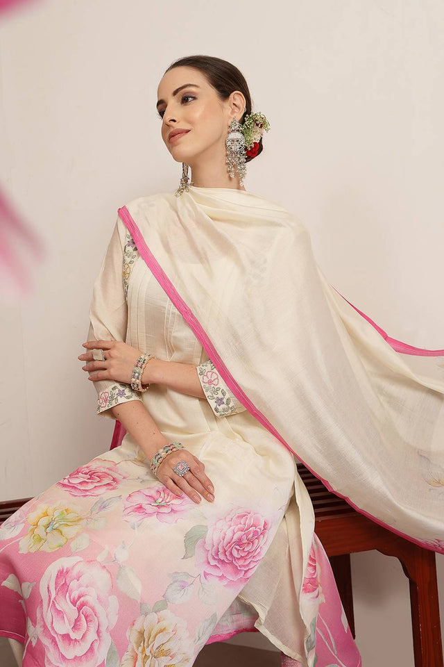 Multi Color Floral Printed Silk Straight Cut Suit Set