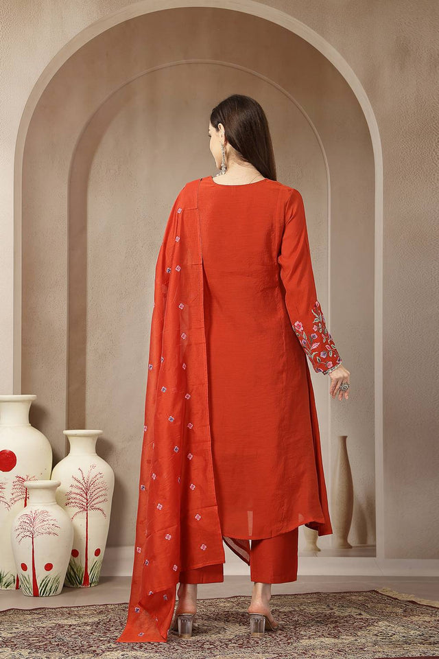 Rust Embroidered Silk Anarkali Suit Set