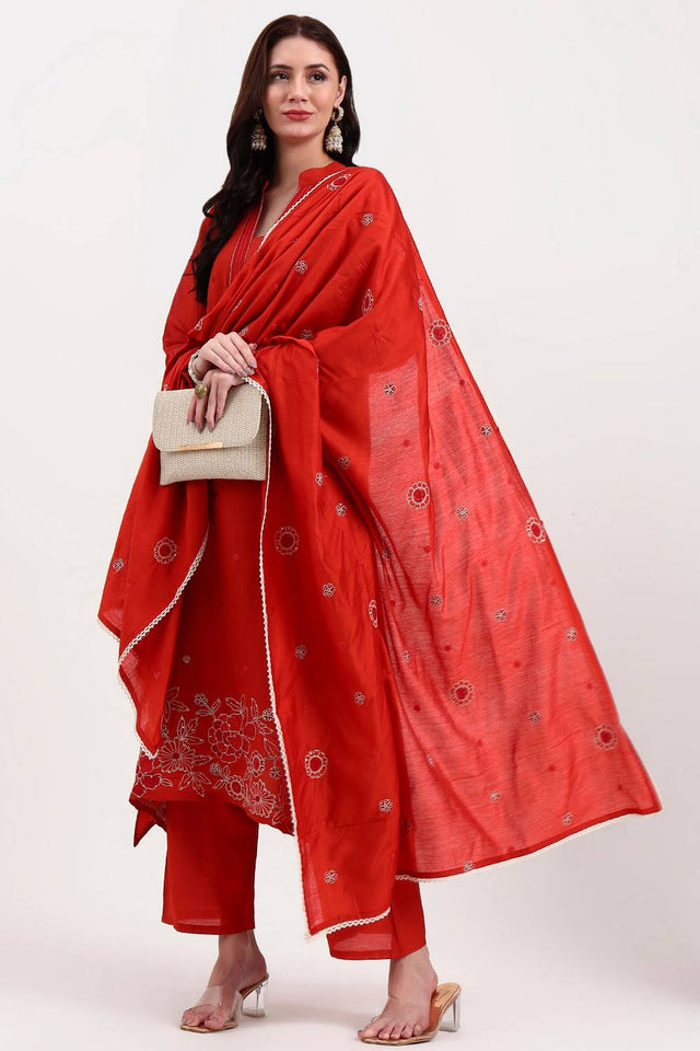 Rust Embroidered Chanderi Anarkali Suit Set