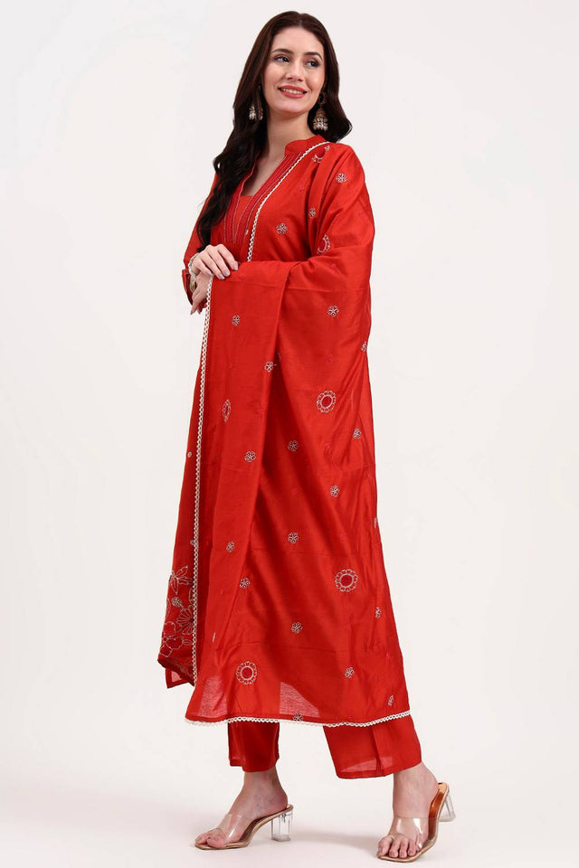 Rust Embroidered Chanderi Anarkali Suit Set