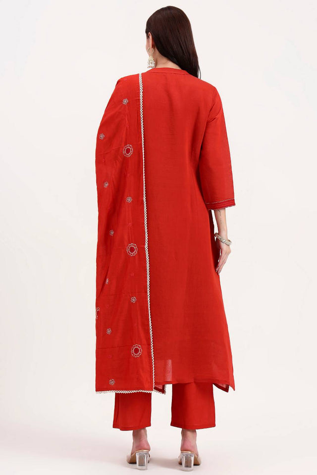 Rust Embroidered Chanderi Anarkali Suit Set