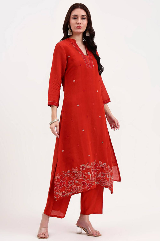 Rust Embroidered Chanderi Anarkali Suit Set