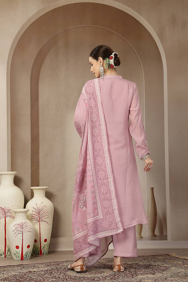 Pink Embroidered Silk Straight Cut Suit Set