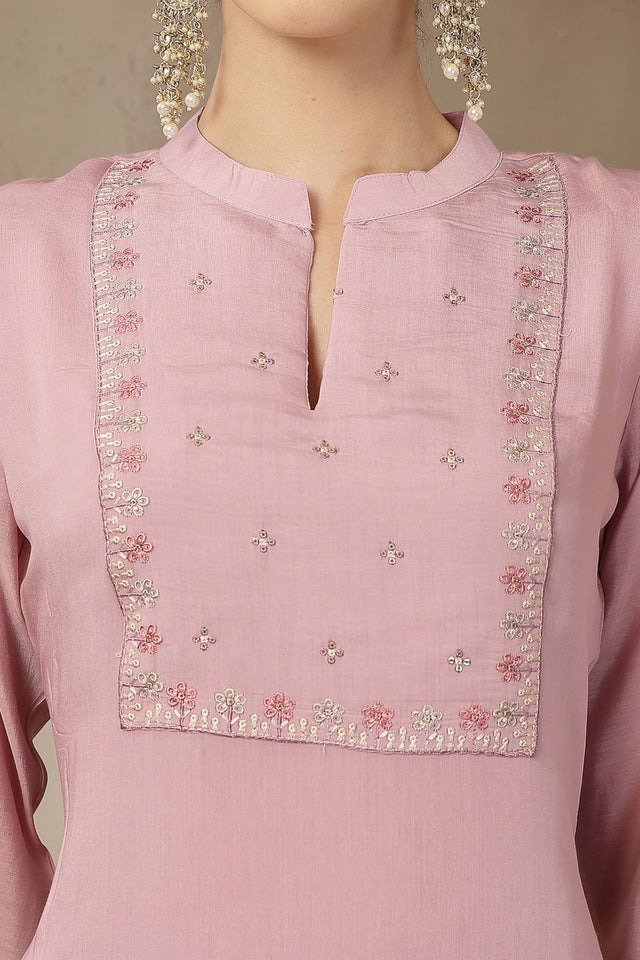 Pink Embroidered Silk Straight Cut Suit Set