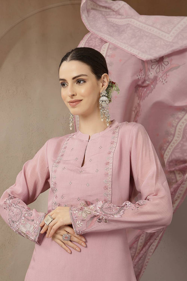 Pink Embroidered Silk Straight Cut Suit Set