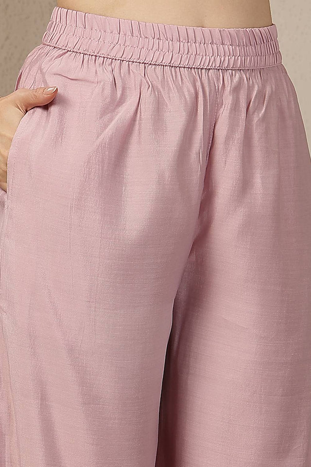 Pink Embroidered Silk Straight Cut Suit Set