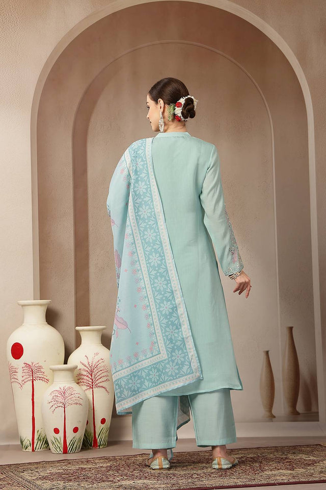 Turquoise Embroidered Silk Straight Cut Suit Set