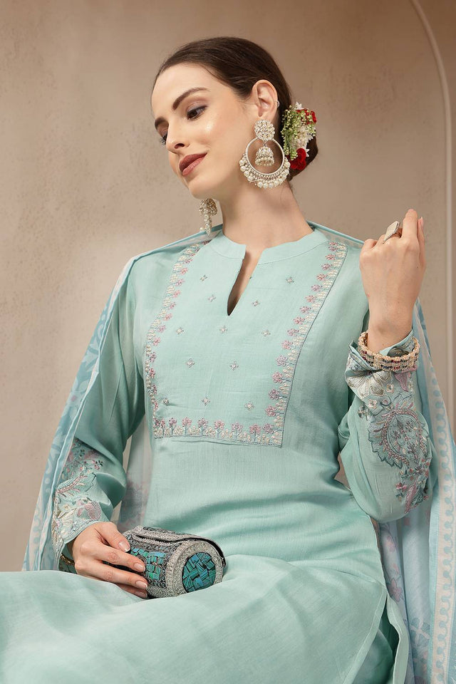 Turquoise Embroidered Silk Straight Cut Suit Set