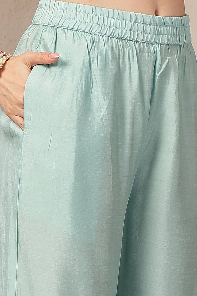 Turquoise Embroidered Silk Straight Cut Suit Set