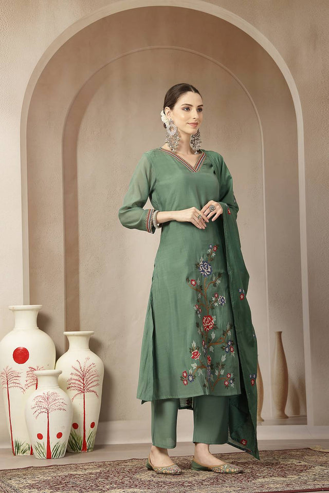 Green Embroidered Silk Straight Cut Suit Set