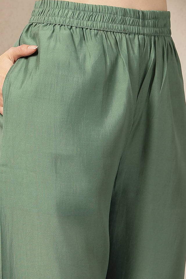 Green Embroidered Silk Straight Cut Suit Set