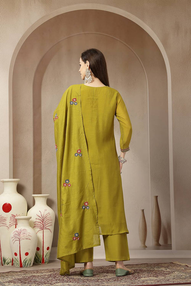 Green Embroidered Silk Straight Cut Suit Set
