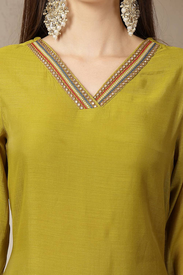 Green Embroidered Silk Straight Cut Suit Set