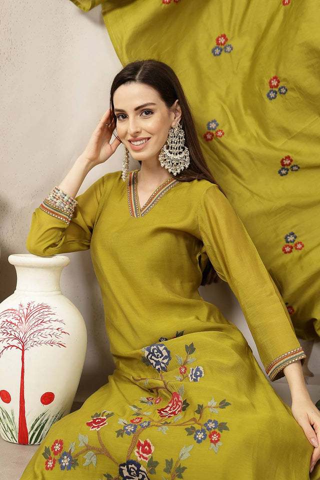Green Embroidered Silk Straight Cut Suit Set