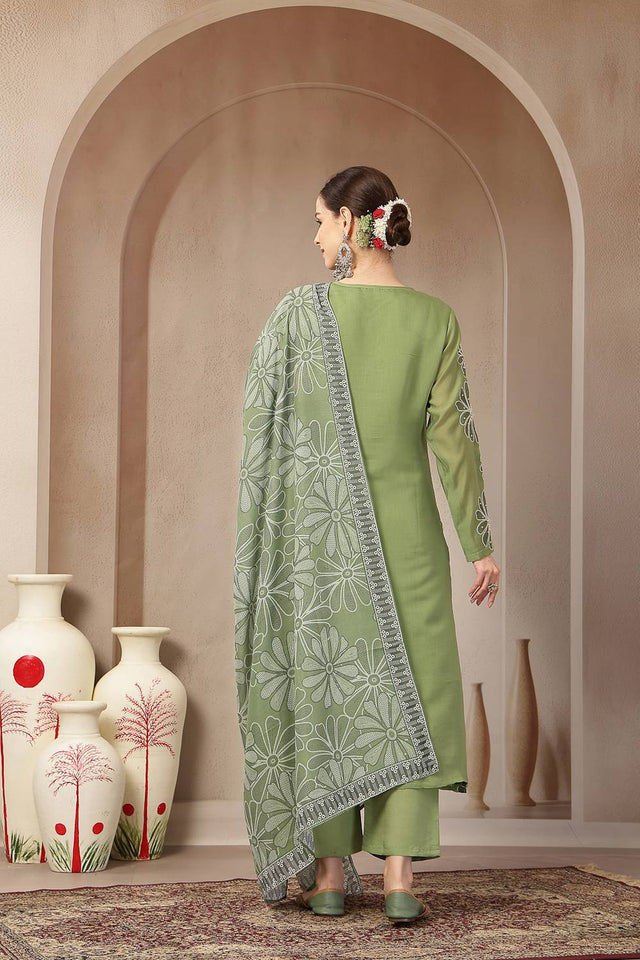 Green Embroidered Silk Straight Cut Suit Set