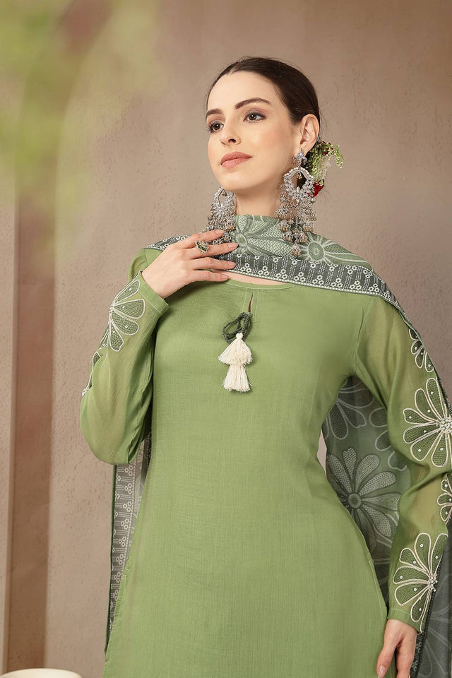 Green Embroidered Silk Straight Cut Suit Set