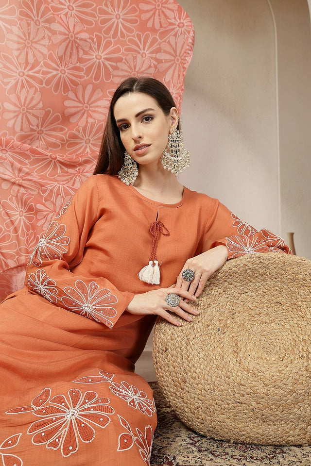 Rust Embroidered Silk Straight Cut Suit Set