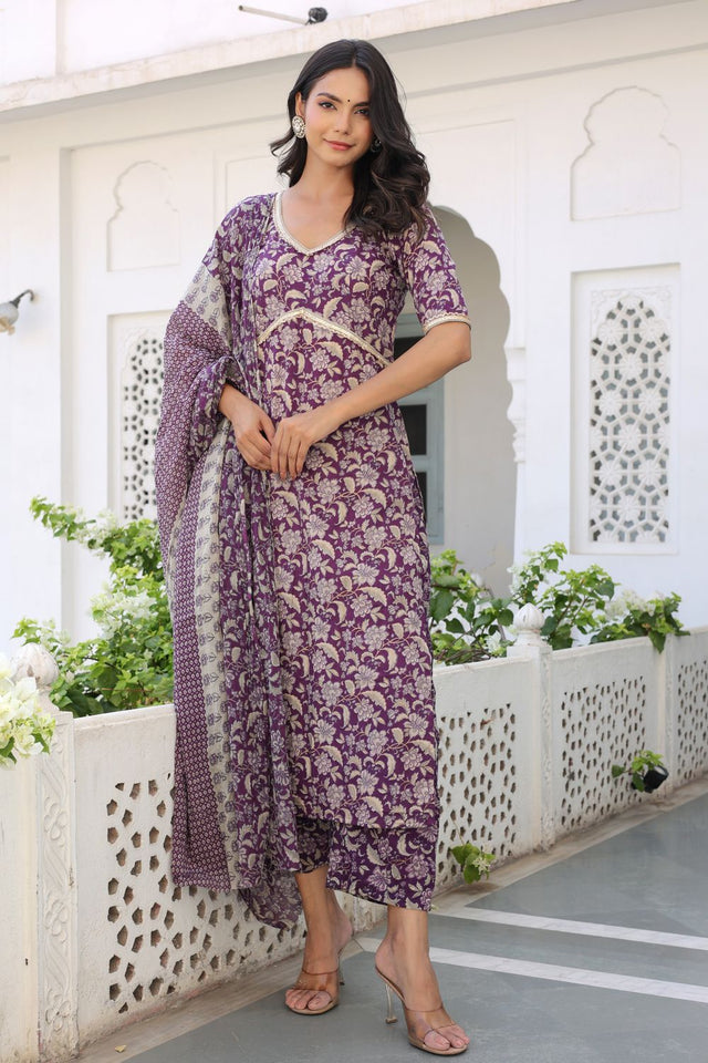 Wine Floral Printed Cotton Kurti Pant Set (113cottonwine)
