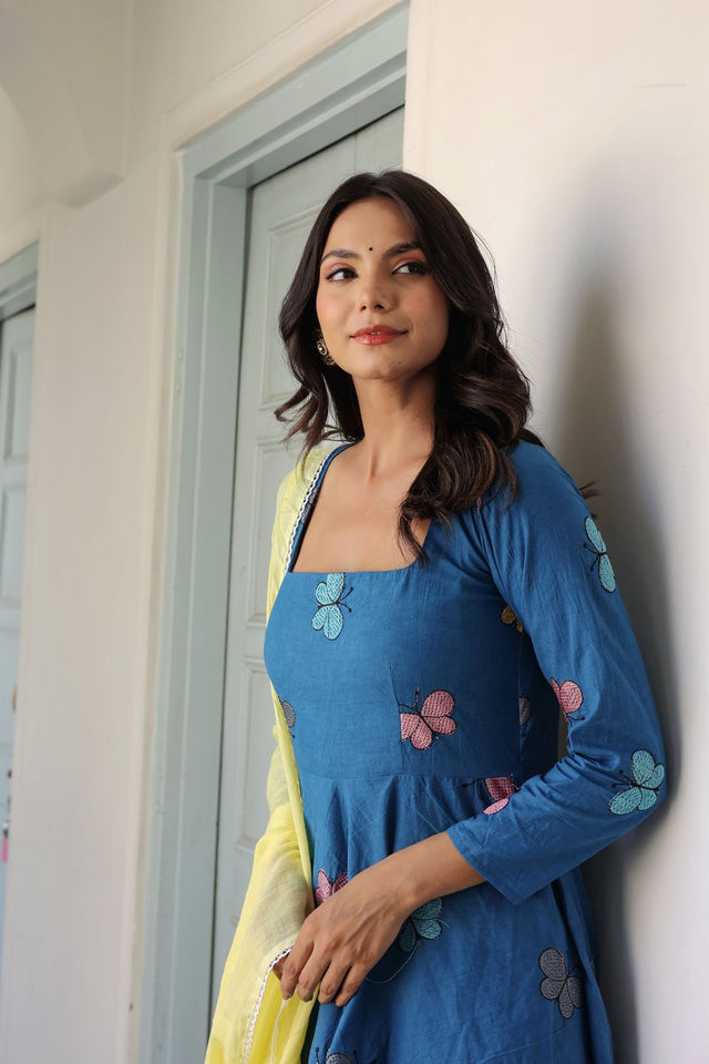 Blue Embroidered Cotton Anarkali Suit (114butterfly)