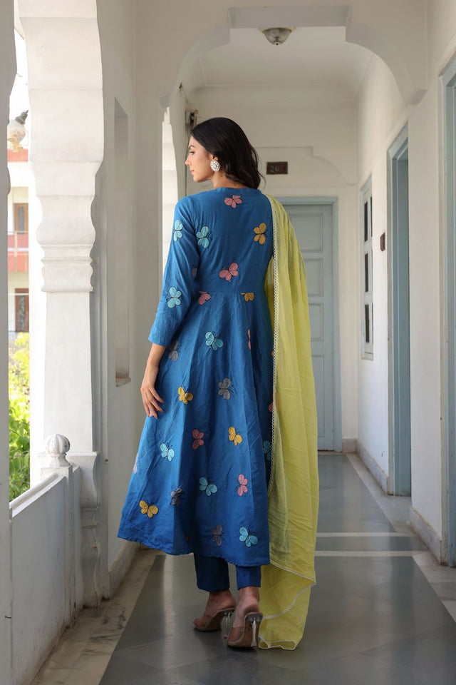 Blue Embroidered Cotton Anarkali Suit (114butterfly)