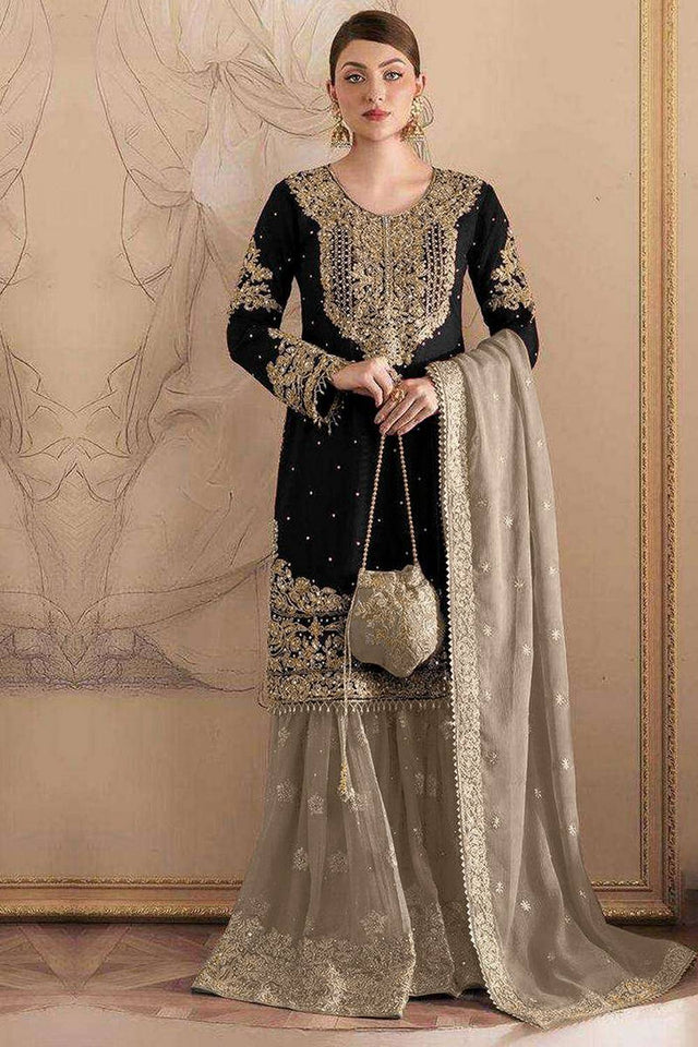 Black Sequin with Floral Embroidered Georgette Sharara Suits