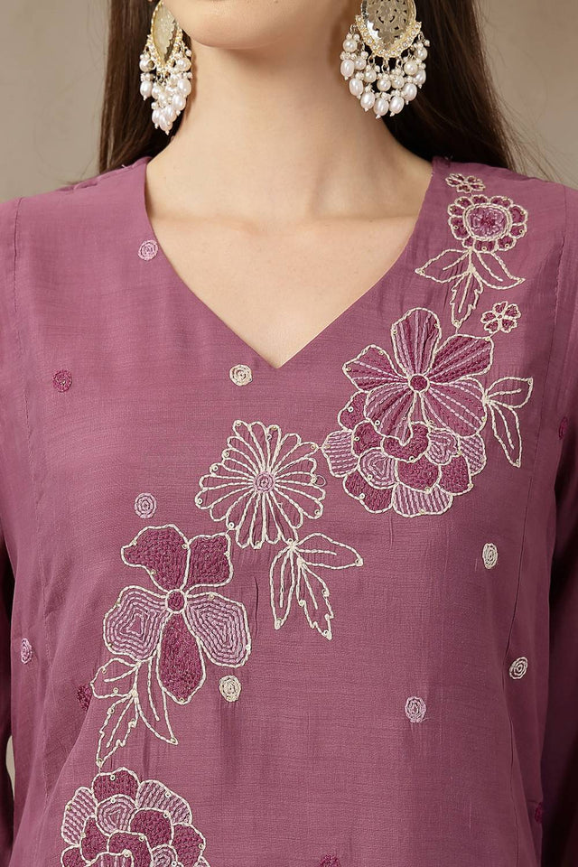 Violet Embroidered Silk Anarkali Suit Set