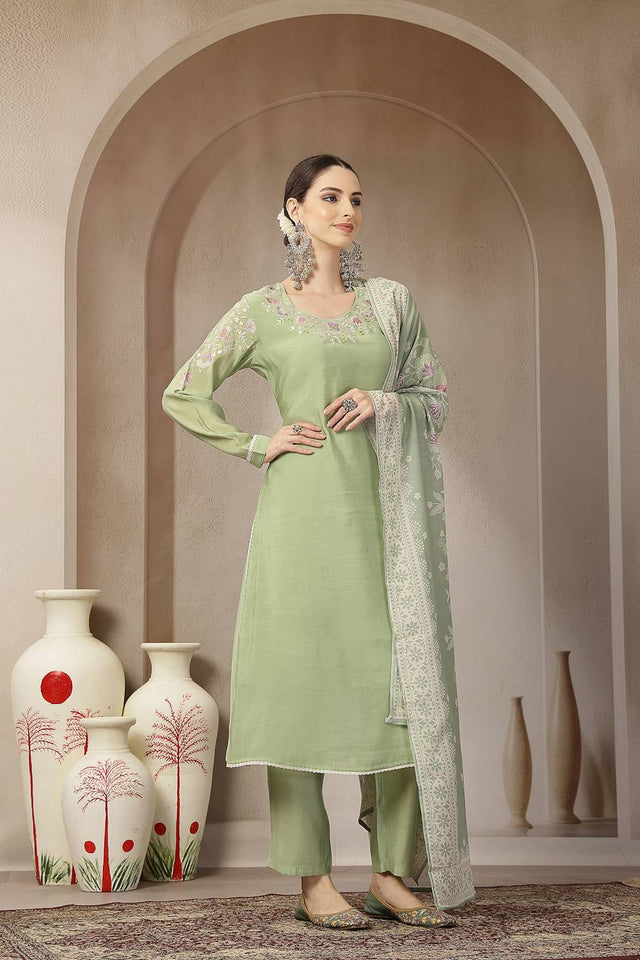 Green Embroidered Silk Straight Cut Suit Set