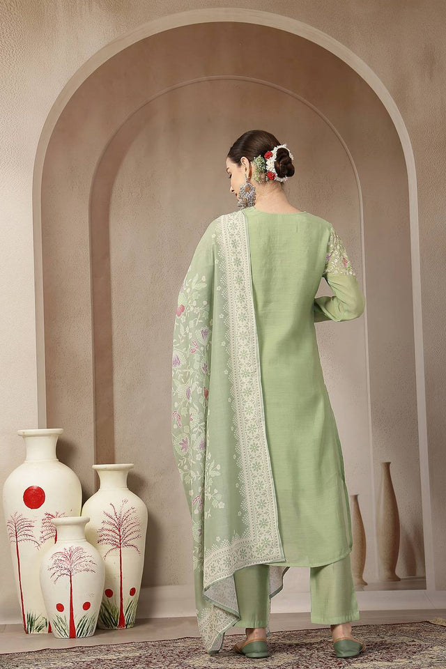 Green Embroidered Silk Straight Cut Suit Set