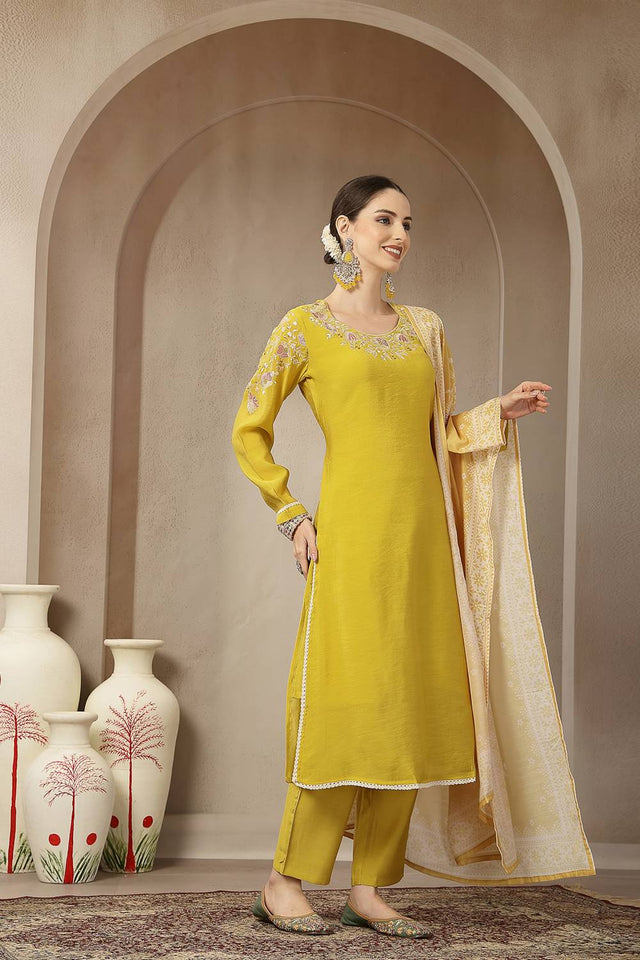 Mustard Embroidered Silk Straight Cut Suit Set