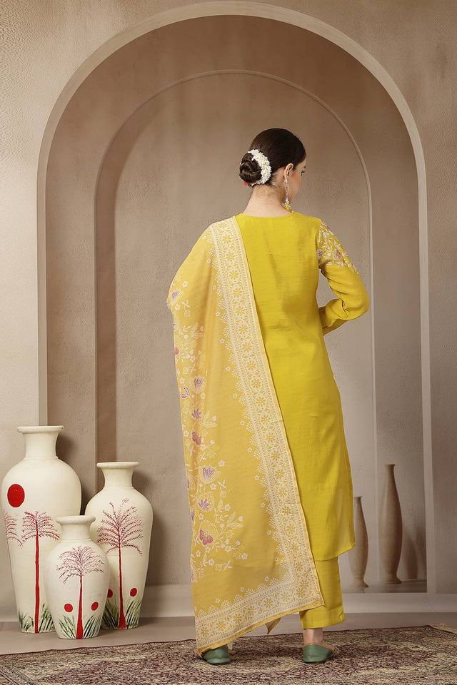 Mustard Embroidered Silk Straight Cut Suit Set