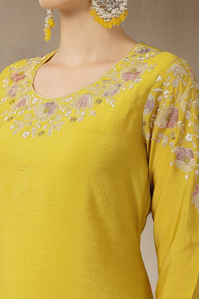Mustard Embroidered Silk Straight Cut Suit Set