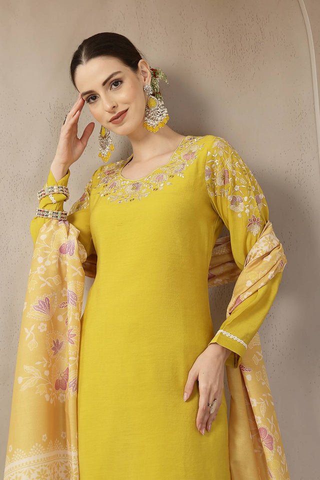 Mustard Embroidered Silk Straight Cut Suit Set