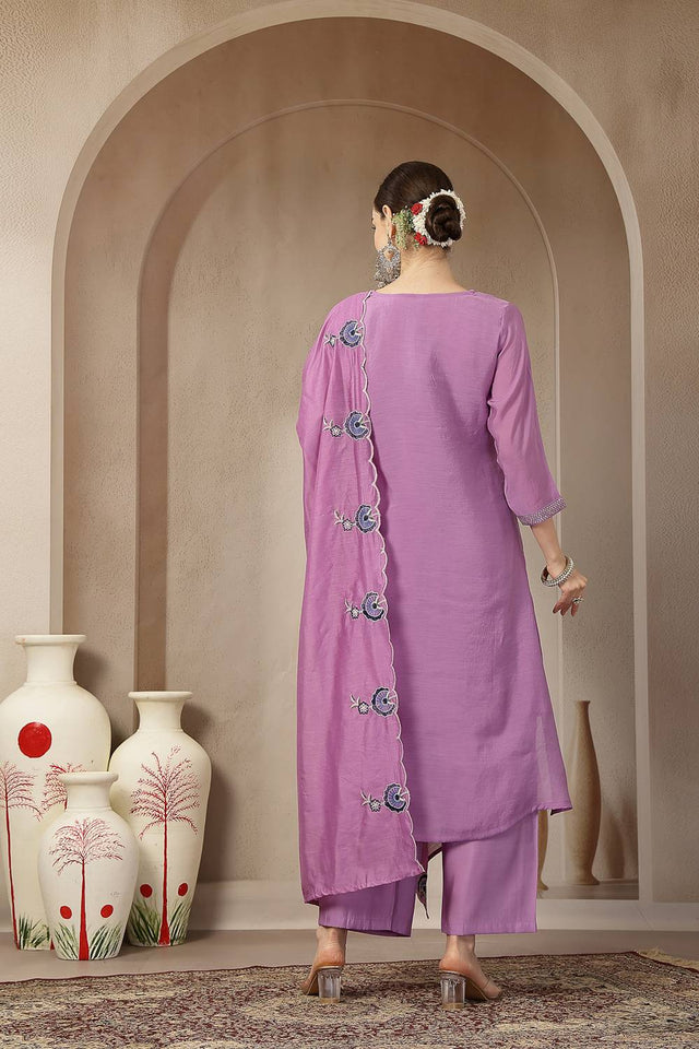 Lavender Embroidered Silk Palazzo Suit Set