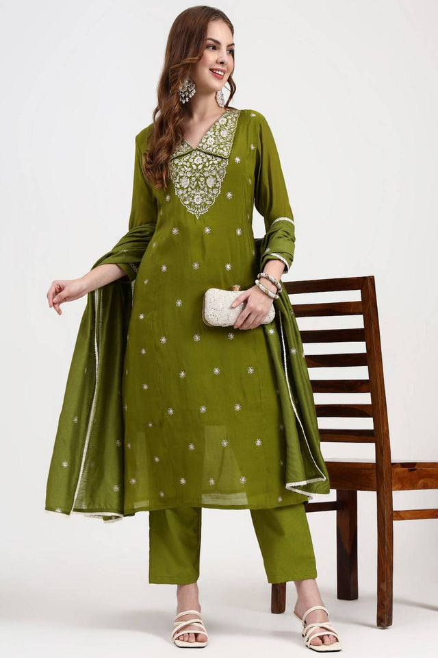 Green Embroidered Silk Straight Cut Suit Set