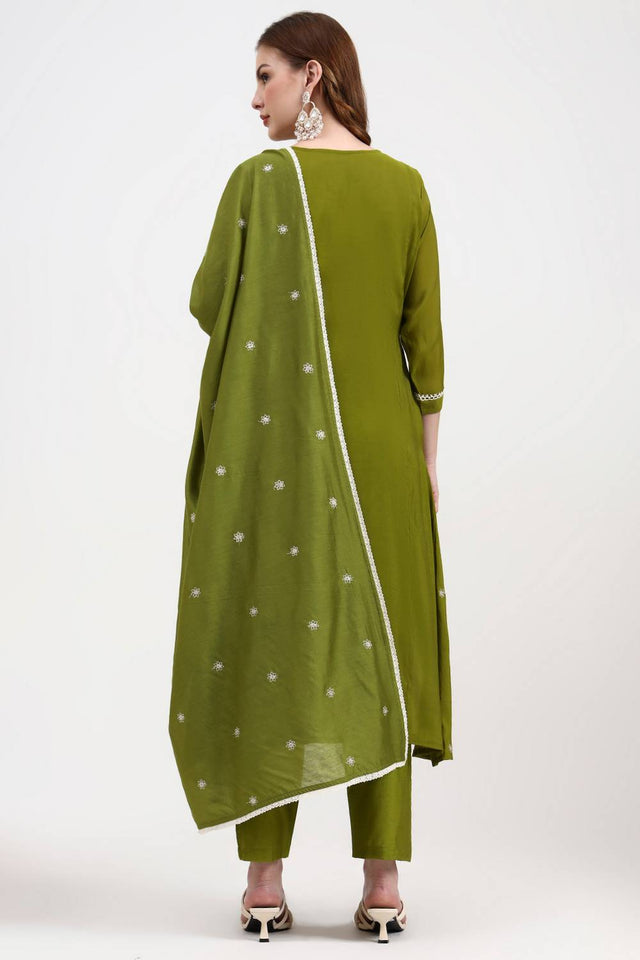 Green Embroidered Silk Straight Cut Suit Set
