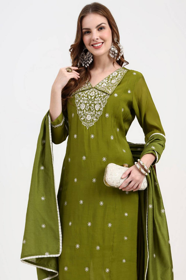 Green Embroidered Silk Straight Cut Suit Set