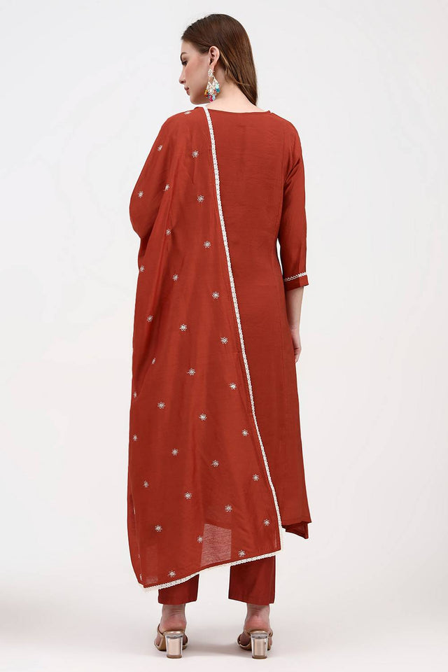 Rust Embroidered Silk Straight Cut Suit Set