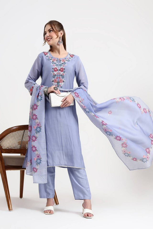 Blue Embroidered Silk Straight Cut Suit Set